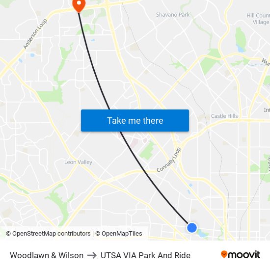 Woodlawn & Wilson to UTSA VIA Park And Ride map