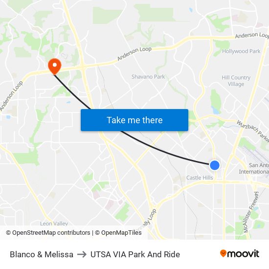 Blanco & Melissa to UTSA VIA Park And Ride map