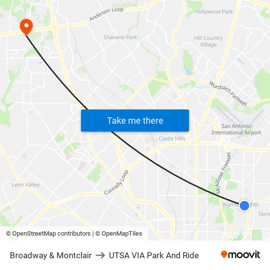 Broadway & Montclair to UTSA VIA Park And Ride map