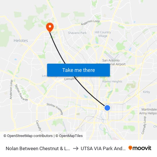 Nolan Between Chestnut & Liveoak to UTSA VIA Park And Ride map