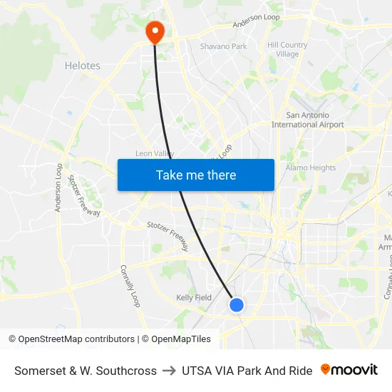 Somerset & W. Southcross to UTSA VIA Park And Ride map