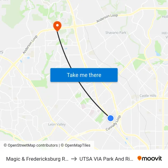 Magic & Fredericksburg Rd. to UTSA VIA Park And Ride map