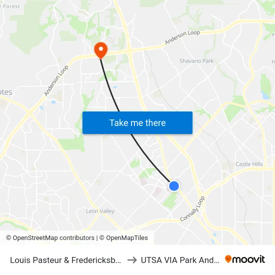 Louis Pasteur & Fredericksburg Rd to UTSA VIA Park And Ride map