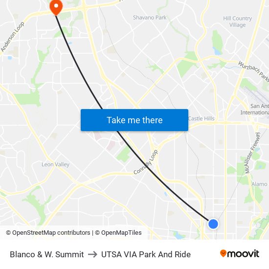 Blanco & W. Summit to UTSA VIA Park And Ride map