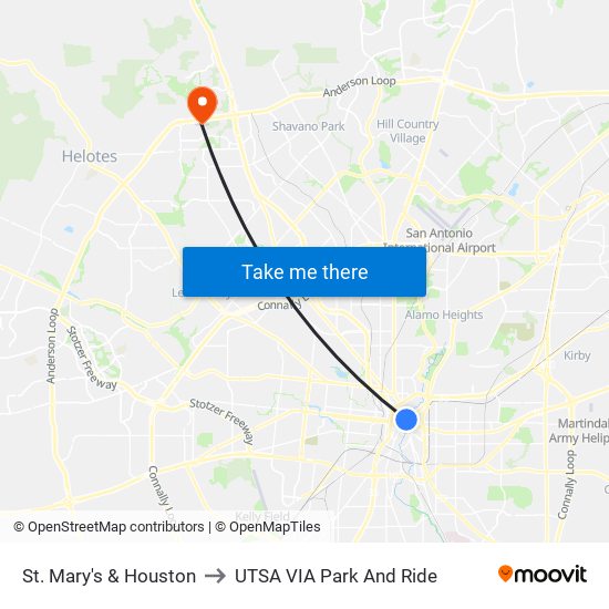 St. Mary's & Houston to UTSA VIA Park And Ride map