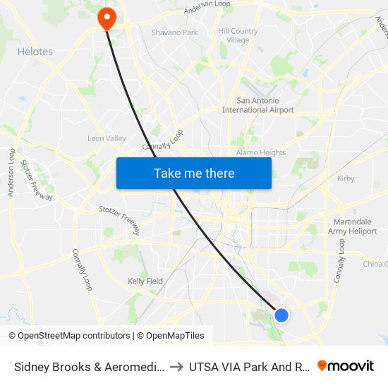 Sidney Brooks & Aeromedical to UTSA VIA Park And Ride map