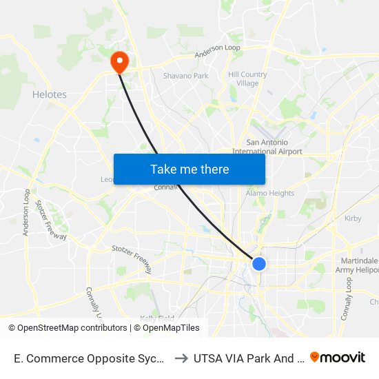 E. Commerce Opposite Sycamore to UTSA VIA Park And Ride map