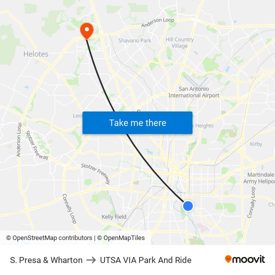 S. Presa & Wharton to UTSA VIA Park And Ride map