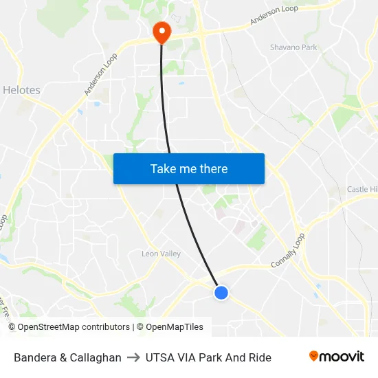 Bandera & Callaghan to UTSA VIA Park And Ride map