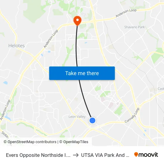 Evers Opposite Northside I.S.D. to UTSA VIA Park And Ride map