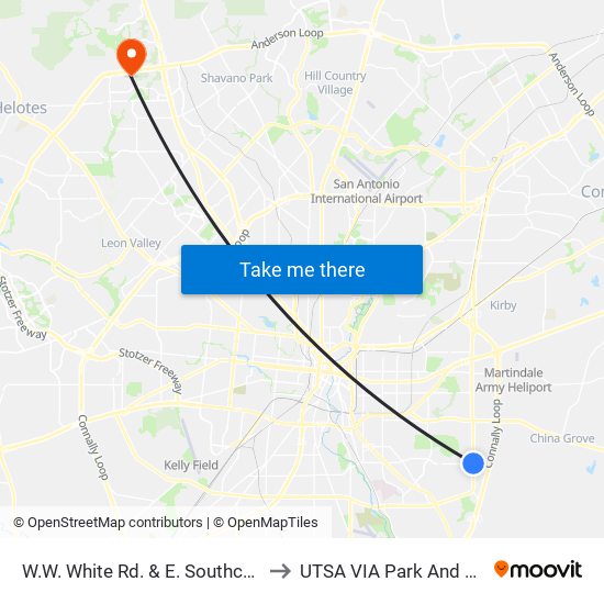 W.W. White Rd. & E. Southcross to UTSA VIA Park And Ride map