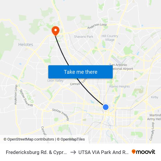 Fredericksburg Rd. & Cypress to UTSA VIA Park And Ride map