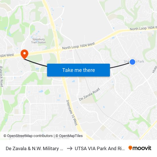 De Zavala & N.W. Military Dr. to UTSA VIA Park And Ride map