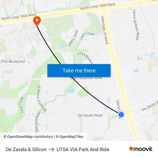 De Zavala & Silicon to UTSA VIA Park And Ride map