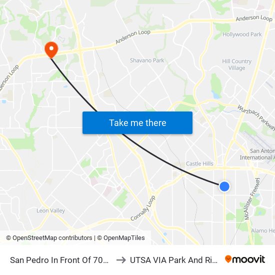 San Pedro In Front Of 7045 to UTSA VIA Park And Ride map