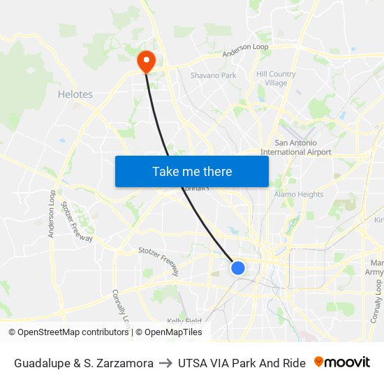 Guadalupe & S. Zarzamora to UTSA VIA Park And Ride map