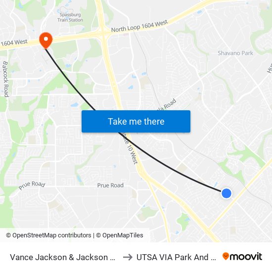 Vance Jackson & Jackson Court to UTSA VIA Park And Ride map