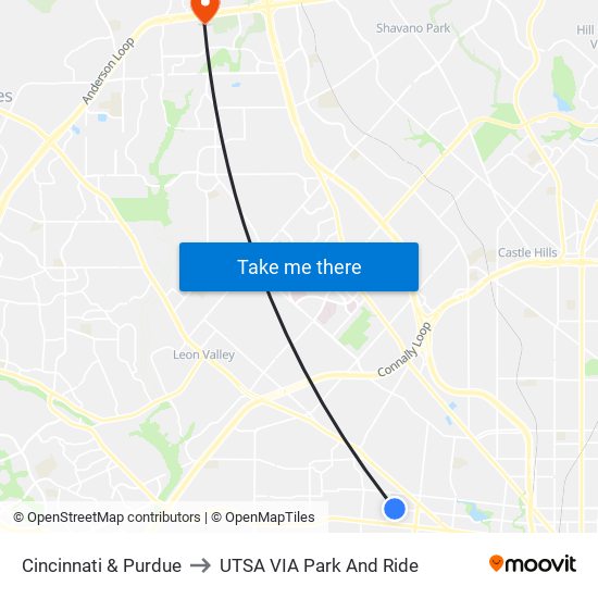 Cincinnati & Purdue to UTSA VIA Park And Ride map