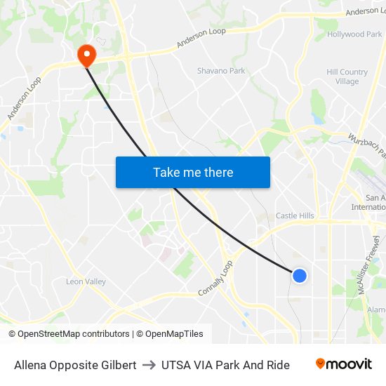 Allena Opposite Gilbert to UTSA VIA Park And Ride map