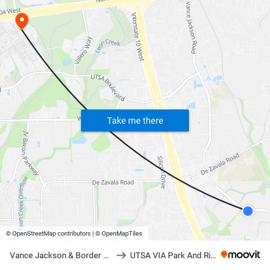 Vance Jackson & Border Mill to UTSA VIA Park And Ride map