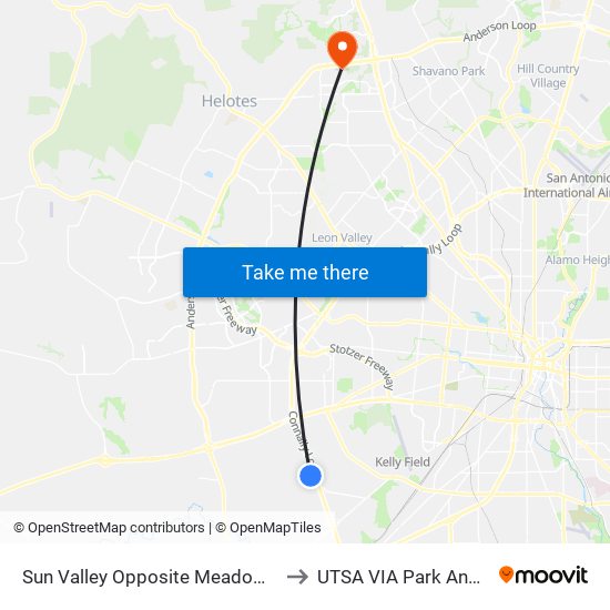 Sun Valley Opposite Meadow Valley to UTSA VIA Park And Ride map