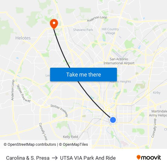 Carolina & S. Presa to UTSA VIA Park And Ride map