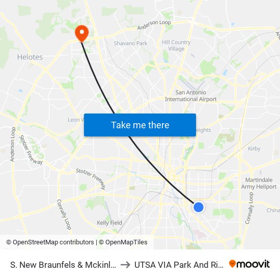 S. New Braunfels & Mckinley to UTSA VIA Park And Ride map