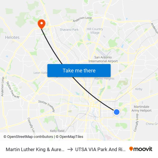 Martin Luther King & Aurelia to UTSA VIA Park And Ride map