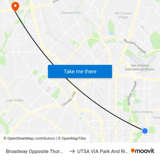 Broadway Opposite Thorman to UTSA VIA Park And Ride map