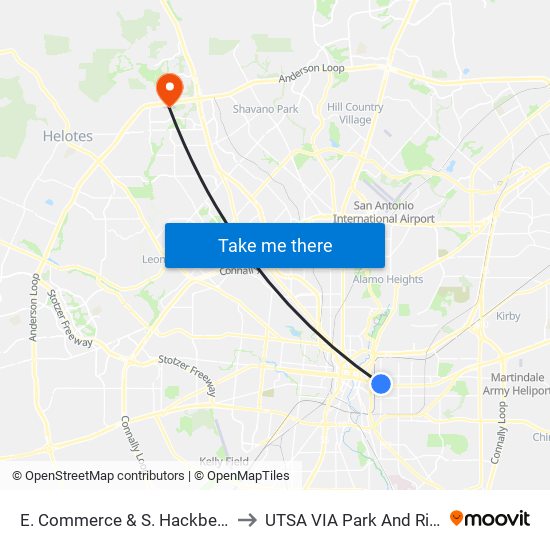 E. Commerce & S. Hackberry to UTSA VIA Park And Ride map