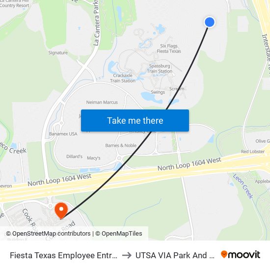Fiesta Texas Employee Entrance to UTSA VIA Park And Ride map