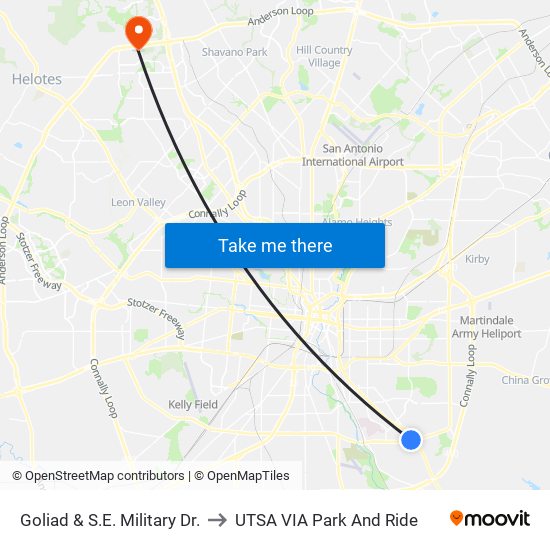 Goliad & S.E. Military Dr. to UTSA VIA Park And Ride map