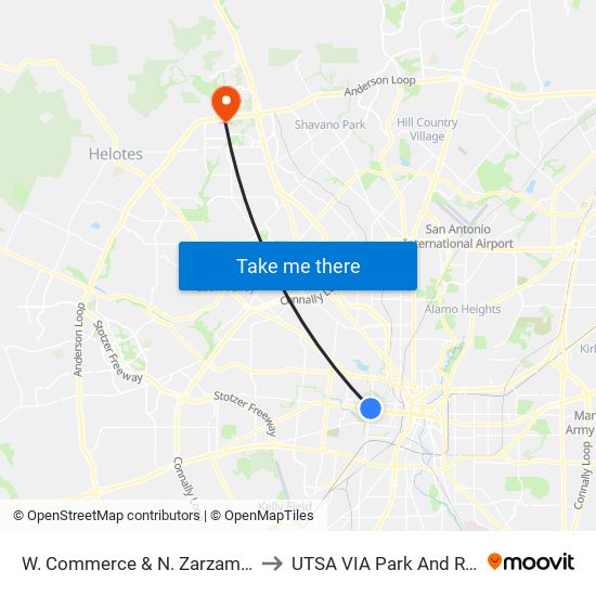 W. Commerce & N. Zarzamora to UTSA VIA Park And Ride map