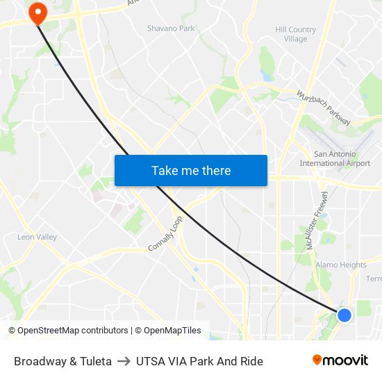 Broadway & Tuleta to UTSA VIA Park And Ride map