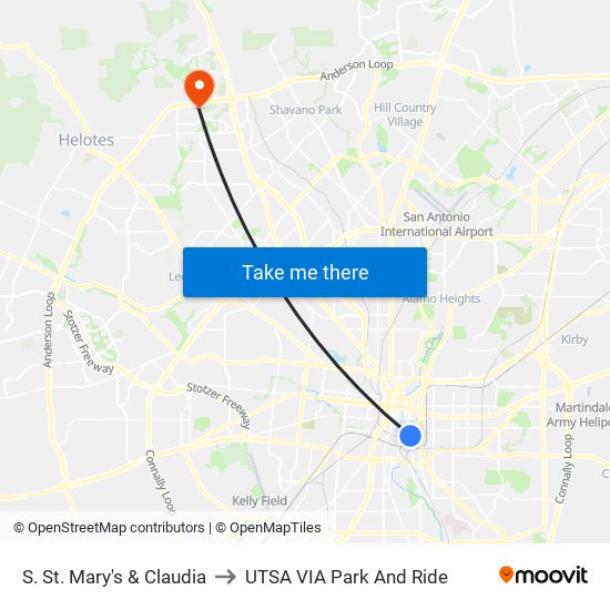 S. St. Mary's & Claudia to UTSA VIA Park And Ride map