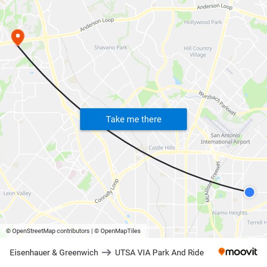 Eisenhauer & Greenwich to UTSA VIA Park And Ride map