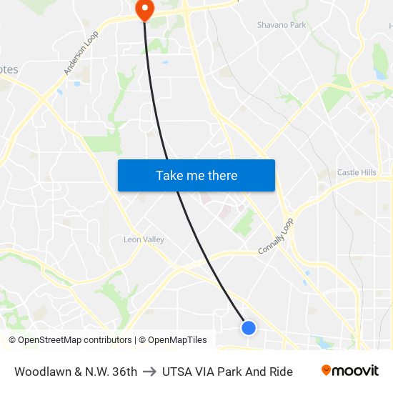 Woodlawn & N.W. 36th to UTSA VIA Park And Ride map