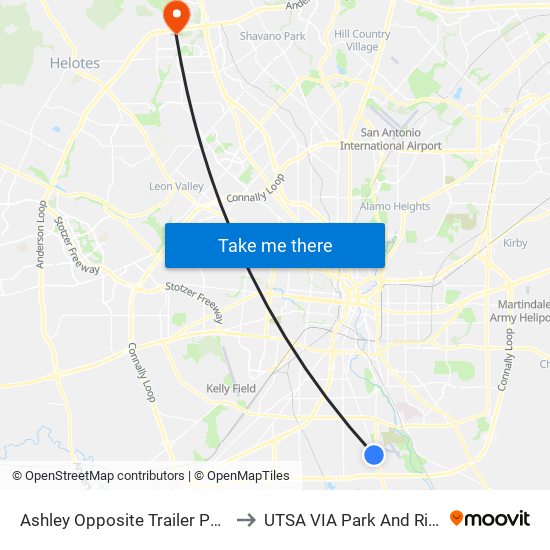 Ashley Opposite Trailer Park to UTSA VIA Park And Ride map