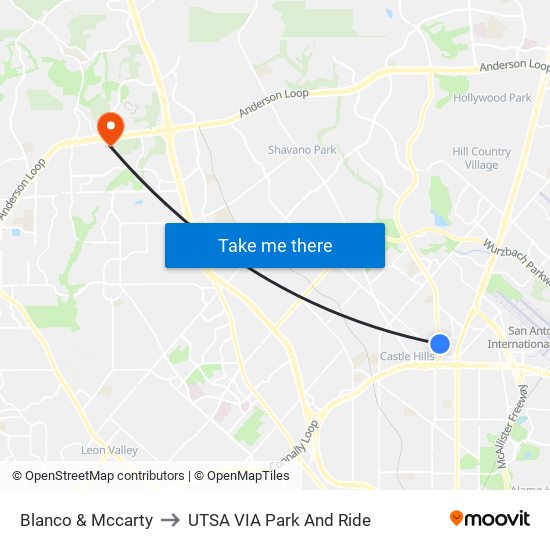 Blanco & Mccarty to UTSA VIA Park And Ride map