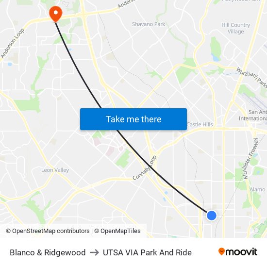 Blanco & Ridgewood to UTSA VIA Park And Ride map