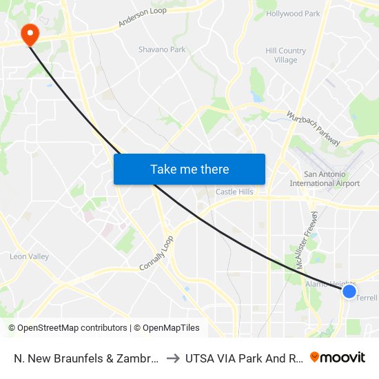 N. New Braunfels & Zambrano to UTSA VIA Park And Ride map