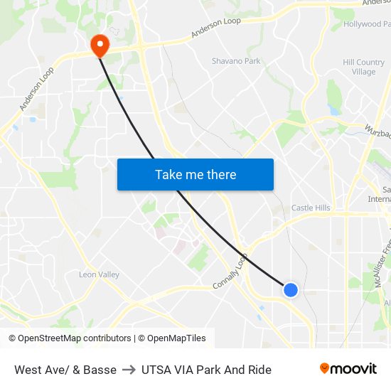 West Ave/ & Basse to UTSA VIA Park And Ride map