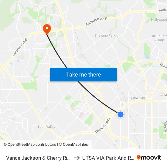 Vance Jackson & Cherry Ridge to UTSA VIA Park And Ride map