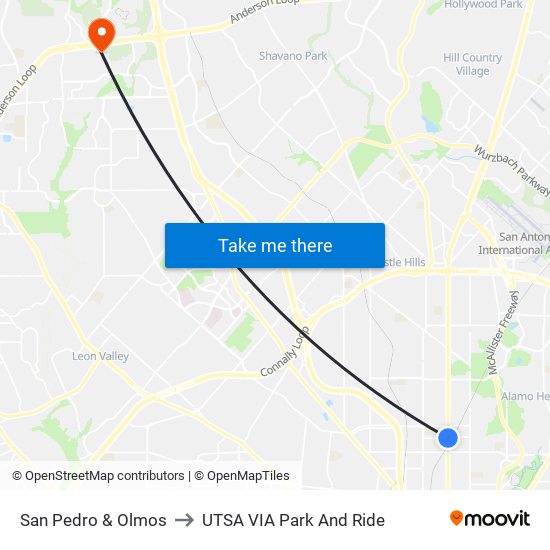 San Pedro & Olmos to UTSA VIA Park And Ride map