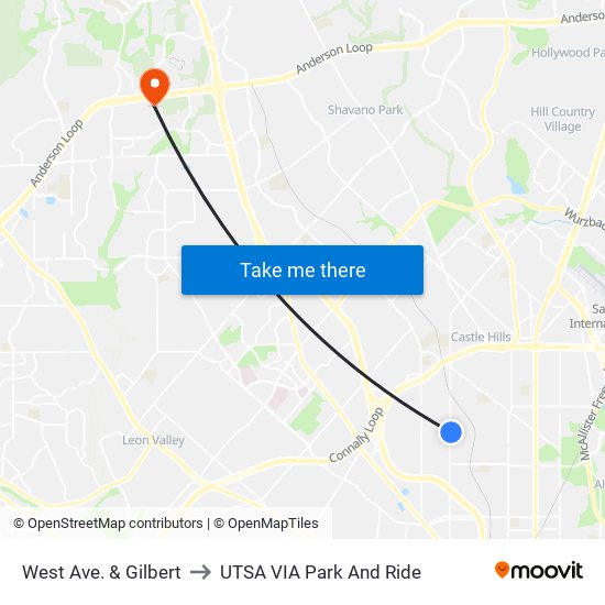 West Ave. & Gilbert to UTSA VIA Park And Ride map