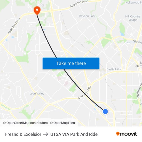 Fresno & Excelsior to UTSA VIA Park And Ride map