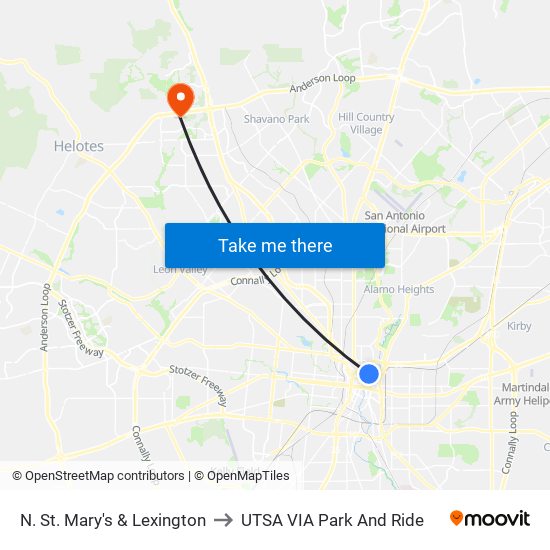 N. St. Mary's & Lexington to UTSA VIA Park And Ride map
