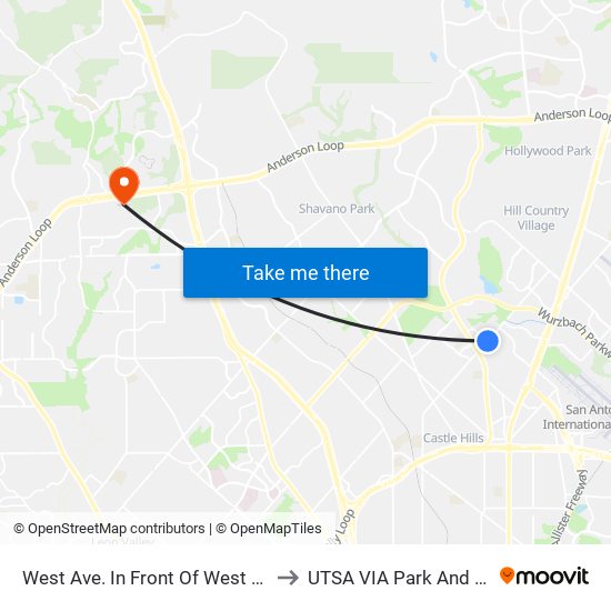 West Ave. In Front Of West Plaza to UTSA VIA Park And Ride map