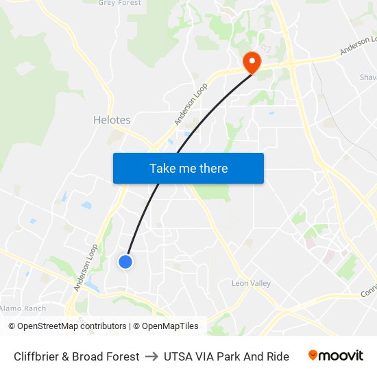 Cliffbrier & Broad Forest to UTSA VIA Park And Ride map
