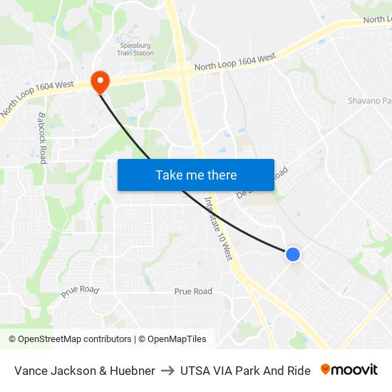 Vance Jackson & Huebner to UTSA VIA Park And Ride map